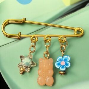 Gold Safety Pin with Charms